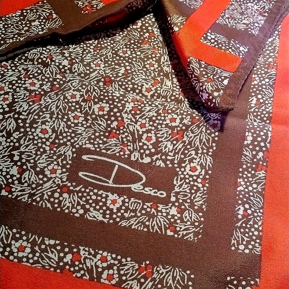 Vintage Desco Scarf Square Brown Cream 100% Silk Floral Striped 27" - Picture 2 of 4